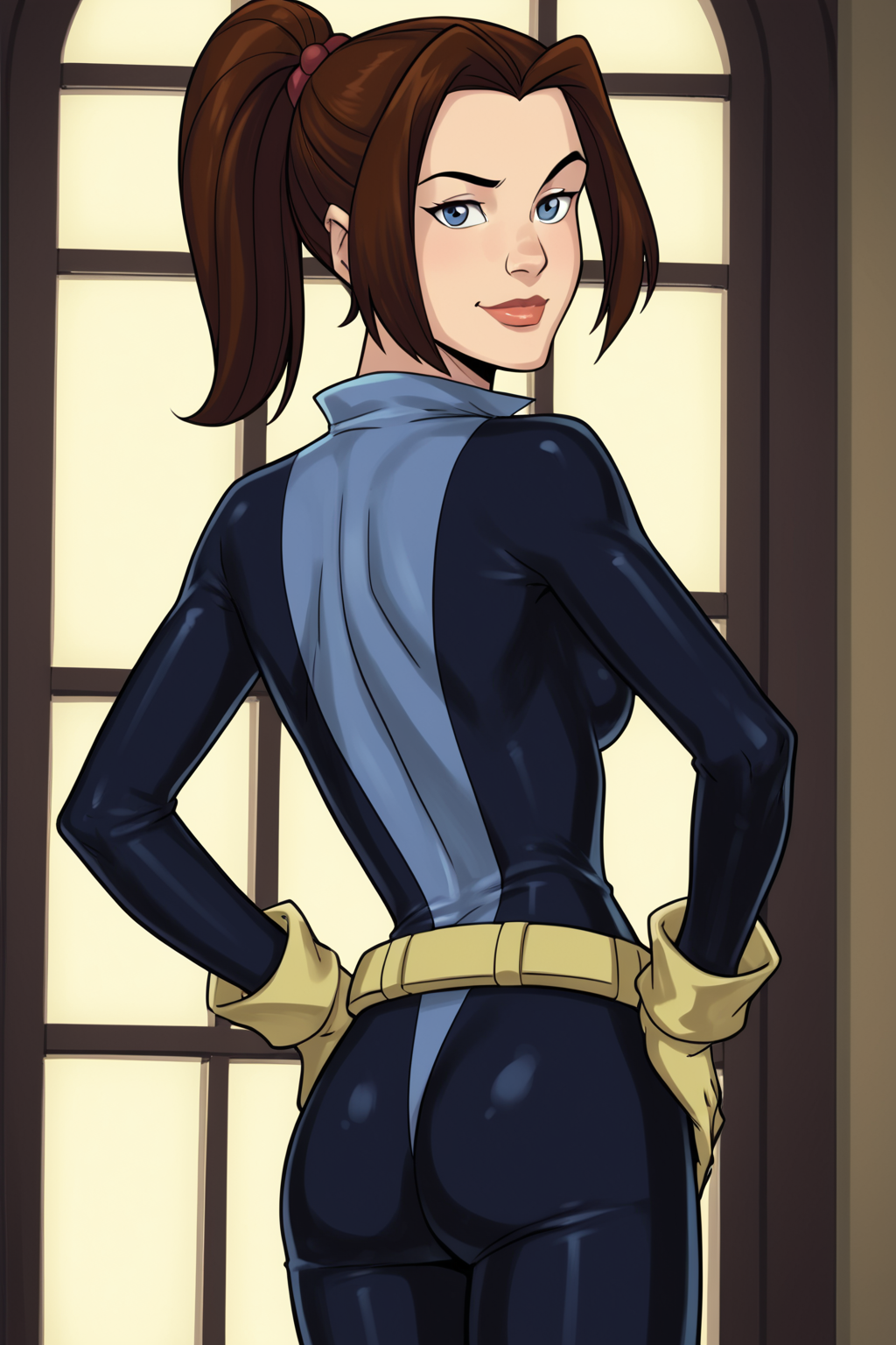 PonyXLV6_Scores BREAK ((parody), perfect anatomy, perfect eyes, cowboy shot) <lora:add_details_xl:0.8> BREAK <lora:Shadowcat_-_X-Men_Evolution:0.8> kitty pryde, brown hair, ponytail, blue eyes, flirting, raised eyebrow, ((looking back at viewer)), bodysuit, gloves, belt, medium breasts, curvy, toned, athletic, sexually suggestive pose, standing, hands on hip, indoors