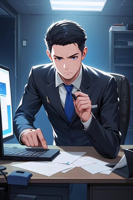 score_9, best quality,
1man,solo,frown,office,pc,night,working,monitor,dark room,looking at monitor,dramatic,cinematic,illumination