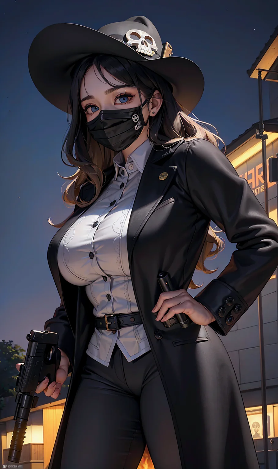 (realistic:1.5), photorealistic, octane render, (4k, 8k), (hyperrealistic:1.2), (photorealistic face:1.2), (Best Quality), extremely detailed, intricate, hyper detailed, (eyes detailed, finger detailed:1.2), western, (midium hair, Curly hair, hair down, dense bangs, two-tone hair), (night, hat, skull pattern, face mask, black longcoat, dress pants, outfits:1.3), (holding a gun, guns-colt revolvel or pistol:1.4), (1girl, solo, alone, large breasts, large thighs, 2legs:1.4), (sky blue eye:1.2)