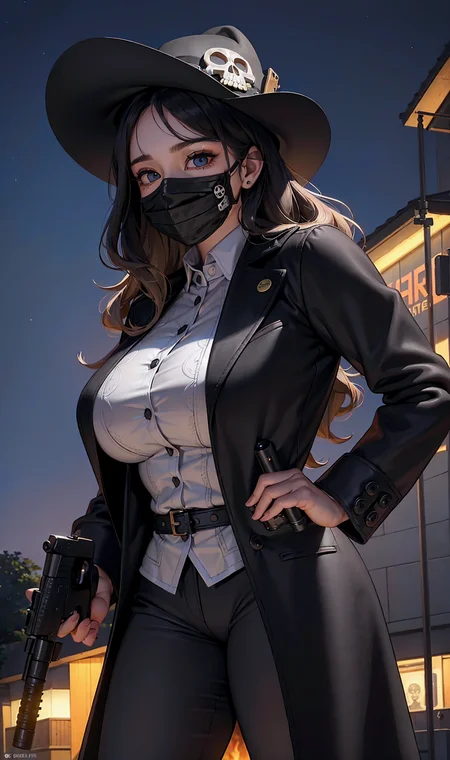 (realistic:1.5), photorealistic, octane render, (4k, 8k), (hyperrealistic:1.2), (photorealistic face:1.2), (Best Quality), extremely detailed, intricate, hyper detailed, (eyes detailed, finger detailed:1.2), western, (midium hair, Curly hair, hair down, dense bangs, two-tone hair), (night, hat, skull pattern, face mask, black longcoat, dress pants, outfits:1.3), (holding a gun, guns-colt revolvel or pistol:1.4), (1girl, solo, alone, large breasts, large thighs, 2legs:1.4), (sky blue eye:1.2)