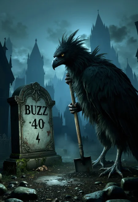 horror theme, dark. An anthro vulture is digging up a grave with a shovel in a graveyard. The tombstone at the grave is titled "BUZZ -40" and adorned with an engraved lightning bolt icon