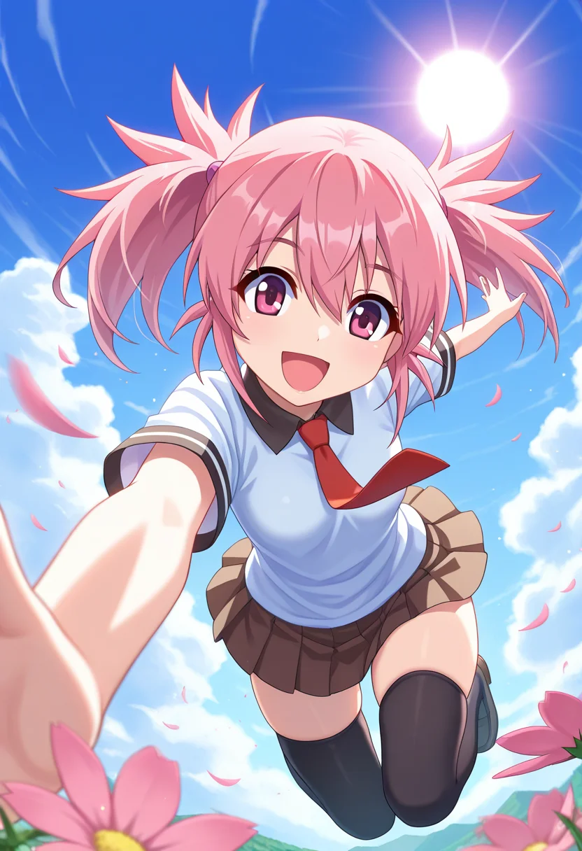 masterpiece, best quality, amazing quality, 1girl, solo, lunarww, pink eyes, pink hair, medium hair, twintails, small breasts, school uniform, collared shirt, oversized shirt, short sleeves, red necktie, brown pleated skirt, black thighhighs, <lora:Edomae_Lunar_Seto_no_Hanayome_ill_v11:0.9>, flying, midair, dynamic pose, hugging pose, spread arms, reaching out, flying towards viewer, looking at viewer, smile, open mouth, excited, cheerful, perspective, foreshortening, motion blur, outdoors, day, sun, blue sky, cloud, flower, skindentation, detailed clothing folds, depth of field, sharp, high contrast, dynamic light
