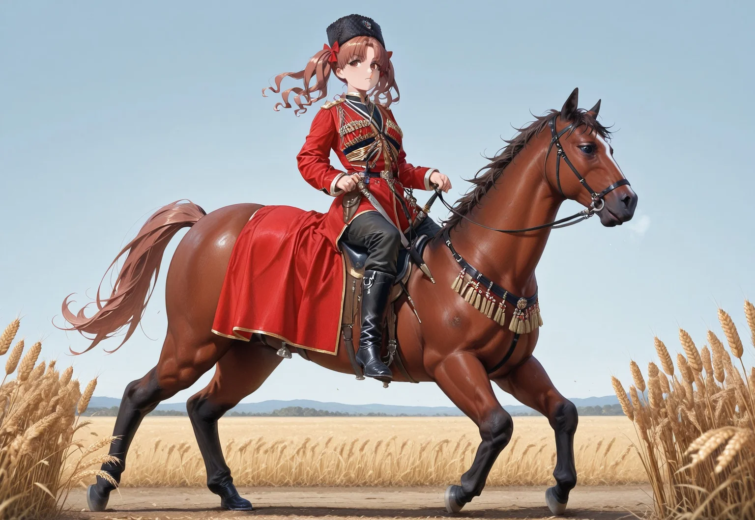 masterpiece, best quality, amazing quality, absurdres, one girl, shirai kuroko, brown eyes, brown hair, long hair, hair bow, red bow, twintails, parted bangs, k4z4k, black fur hat, red coat, black shirt, sheath, sword, military uniform, dagger, black boots, horse, riding, horseback riding, blue sky, wheat, full body, looking at viewer, dynamic pose, from side