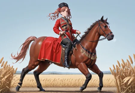 masterpiece, best quality, amazing quality, absurdres, one girl, shirai kuroko, brown eyes, brown hair, long hair, hair bow, red bow, twintails, parted bangs, k4z4k, black fur hat, red coat, black shirt, sheath, sword, military uniform, dagger, black boots, horse, riding, horseback riding, blue sky, wheat, full body, looking at viewer, dynamic pose, from side