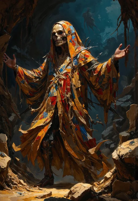 Screen grab from a 1940s dark fantasy movie, wizard of oz style color, occult, A wiry, humanoid figure draped in patchwork robes of glowing fabric dances erratically in the Papiersturm Wastes. Its cracked papier-mâché mask grins unnervingly, shifting with each movement, as it conjures illusions of glowing orbs and floating scraps to confuse and mislead wanderers into perilous traps