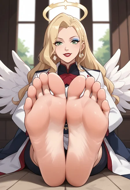 score_9, score_8_up, score_7_up, score_6_up, score_5_up, score_4_up, source_anime, BREAK, (masterpiece:1.4), (best quality:1.2), expressive eyes, perfect face, perfect anatomy, accurate anatomy, perfect feet, perfect soles, 1 girls, feet, soles, toes, foot focus, front view, smile, cute expression, clean feet, sitting, hands on ground, showing feet, barefoot, PONYXL_WaifuFeetPics_ownwaifu, feet, AsamiSato, long hair, blonde hair, green eyes, red lips, white jacket, white skirt, barefoot, angel wings, halo, glowing halo, blue eyeshadow, makeup, red lips, lipstick,