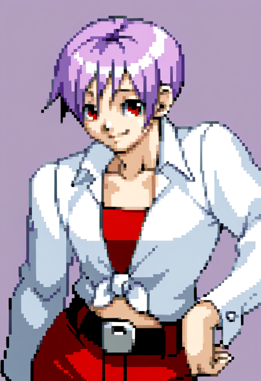 score_9, score_8_up, score_7_up, source_anime, BREAK, solo, 1girl, smile, looking at viewer, <lora:Ace-Attorney-Portraits-pdxl_Fp:1>, portrait, pixel art, simple background, upper body, <lora:Lilith-pdxl-V3_Fp:1>, lilithtie, red eyes, purple hair, short hair, tied shirt, red tube top, red shorts, long sleeves, belt, white shirt, hand on own hip, closed mouth,
