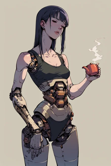 1girl, holding tea pot, <lora:Sukabu-PonyXL-1024px-v2:0.35> android, mechanical arms, mechanical legs, robot joints, <lora:Sinozick_Style_XL_Pony:0.85> sinozick style, flat color, dark theme, score_9, score_8_up, score_7_up,