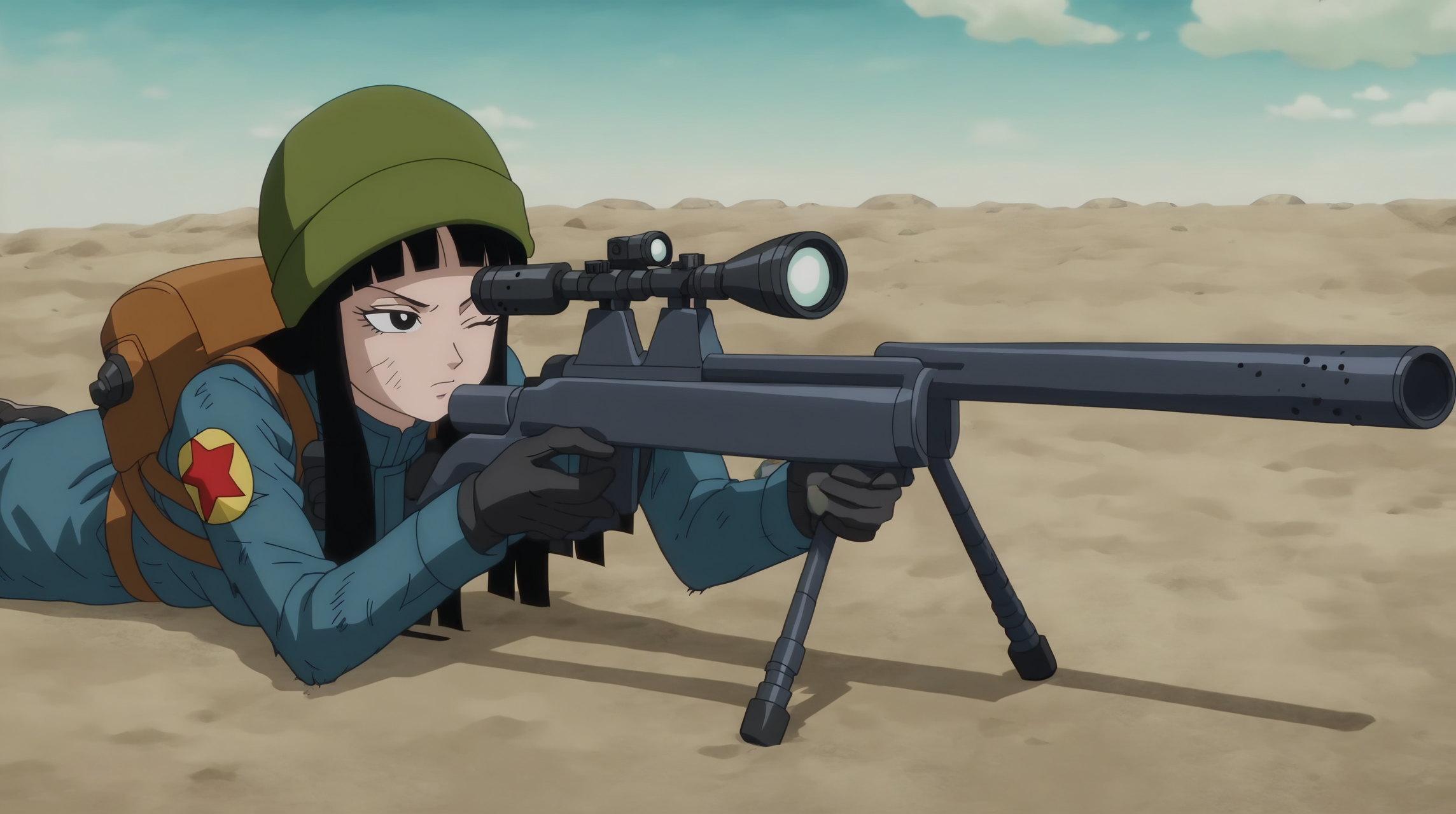 source_anime, score_9, score_8_up, score_7_up, anime screencap, absurdres,
future mai, official style, 1girl, solo, long hair, black hair, bangs, black eyes, eyelashes, knit hat, green headwear, torn coat, military coat, blue coat, long sleeves, black gloves, print sleeve, red star, star \(symbol\), leather belt, backpack, black footwear, boots, lying, on stomach, sniper rifle, aiming at another, bipod, looking through scope, blue sky, desert, one eye closed, dirty clothes, v-shaped eyebrows <lora:ohmai_pony_v1:0.8>