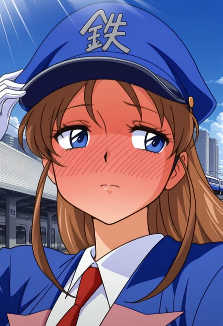 masterpiece, best quality, good quality, <lora:TetsuchanIL:1>, Tetsuchan, 1girl, brown hair, long hair, blue eyes, 
peaked cap, blue uniform, red necktie, white gloves,
looking away, half-closed eyes, suspicious, full-face blush, adjusting headwear, portrait, 
BREAK blue sky, light rays, train station, cityscape, outdoors, cloud,