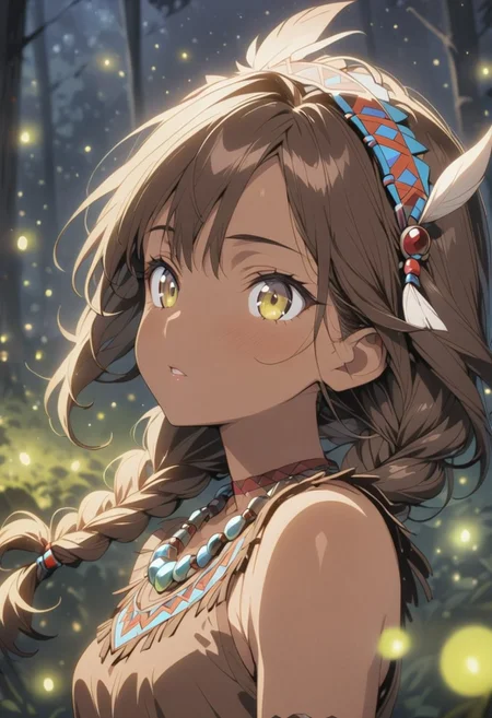 gorgeous lips, (masterpiece), (best quality), (ultra-detailed), very aesthetic, illustration, perfect composition, intricate details, absurdres, detailed face, (anime, masterpiece, intricate:1.3), (best quality, hires textures, high detail:1.2), (4k),(incredibly detailed:1.4) 
(((Best quality))), (((Ultra detailed))), ((((vivid)))), landscape, Portrait, focus on girl, slightly blurred background, (((fireflies, particles))), (fireflies lighting:1.4) (((dark forest at night, white trees))), trees cover background, trees cover sky,( Night, night time:1.5), <lora:more_details:0.5>, 1girl, Brown Skin, Native American,tan skin, wearing a brown deerskin dress, long brown braided hair, beaded necklace, feather headdress, brown rope bracelet, brown eyes, hand reaching forward, from the side, dark night, (light only from fireflies:1.7) firefly light source