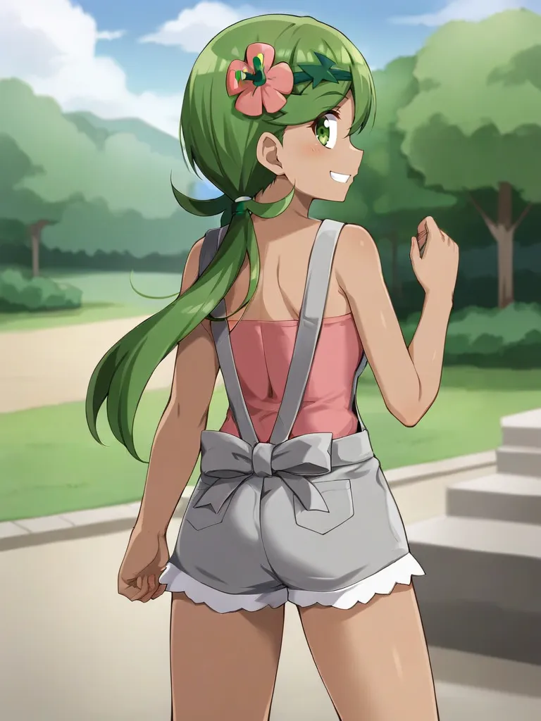 <lora:mallmaowtsukishiro:0.7>
1girl, solo, maollow, dark skin, green hair, low twintails, hair ornament, hair flower, green eyes, pink shirt, grey overalls, gray shorts, standing, from behind, looking at viewer, outdoors, smile