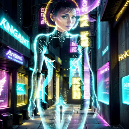 Photorealistic, full body photo of (Transparent hologram) woman, sexy, short hair, outside nightclub, 8k, cyberpunk cityscape,  <lora:THWresizedepoch3:1>