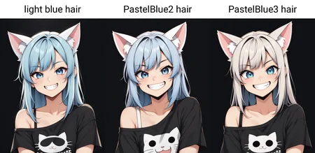 1girl, cute, cat ears, toothy grin, t-shirt, off-shoulder, light blue hair, black background