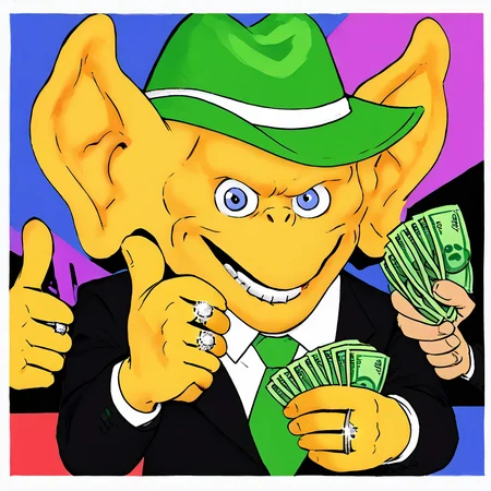<lora:freddiefreaker:1> monster, yellow body, <lora:gangstersb-guy-PONYv1:0.8> gangstersb, thumbs up, one eye closed, grin, smile, money, holding money, portrait, cropped torso, ring, formal, hat, green headwear, necktie, suit, striped, looking at viewer
