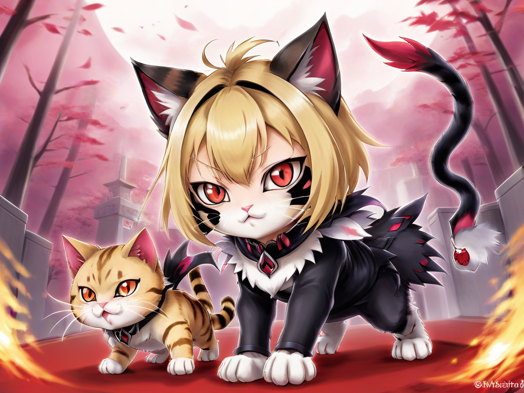 nekomata arcueid brunestud awakens from its thousand year slumber to devour the unworthy,chibi,catgirl,slit pupils,red eyes,blonde hair,cat ears,art by asmaria,<lora:AsMaria_Style_XL_Digimon_Illustrator:0.75>