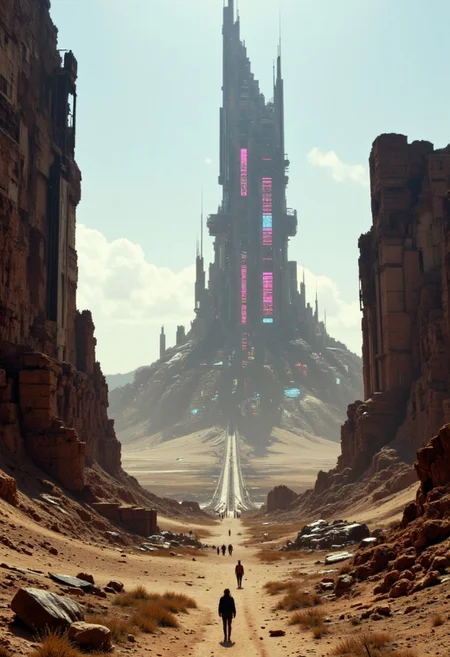 artilands02, v8s, In a forgotten desert city, decaying spires of metal and cracked stone jut from the sand like broken antennae, flickering with the dying pulse of obsolete tech. Once-futuristic skyscrapers now stand as glitching holographic ghosts of themselves—outlined in faint, unstable neon pinks and electric blues that sputter like failing cathode rays. Dust-choked streets hum with corrupted signals, broken signage buzzing in alien symbols and retro synthwave hues. The horizon stutters like a paused VHS frame—sandstorms loop and skip in pixelated static, briefly exposing skeletal monorail tracks and shattered chrome towers. Muted sunlight filters through a haze of analog distortion, bathing everything in an eerie, VHS-burned glow. Somewhere deep in the ruins, a low synth drone hums eternally, as if the city itself is trying to reboot.