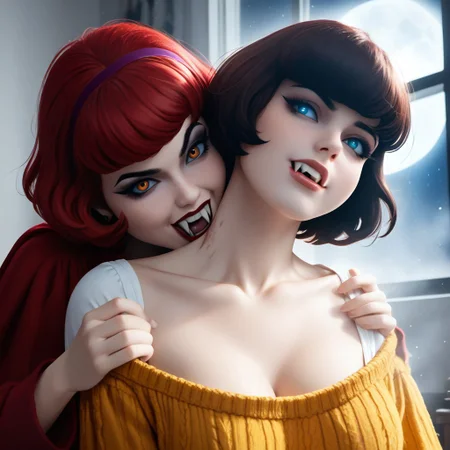 score_9, score_8_up, score_7_up, masterpiece, Daphne Blake is being reshaped with a bite of evil vampire velma dinkley into a sassy dominant vampiress, bitchy, sassy, corrupted, glossy lips, bimbo, unmoralic, expressive eyes, perfect face, high quality face, cinematic lighting, volumetric lighting, bloom, post processing, 4k, high definition, 1girl, gorgeous girl , kawaii girl , cute face ,beautiful eyes, 1girl, saggy breast s, large areola, large nipples, blush, face focus, hips, ripped blouse, shoved-up skirt, innocent face, short hair, blunt bangs, BREAK,(tight blouse:1.3), breasts apart, puffy nipples, BREAK, (violent head grab, 1female (velma), defeatedxl, vea (blood on mouth, femdom, teeth, fangs, bite, vampyfangs1, motion lines, indoors, dark night, low lights, thunder, thunder Storm outside the open window, biting into her, crimson bloodsirup running down on her neck)