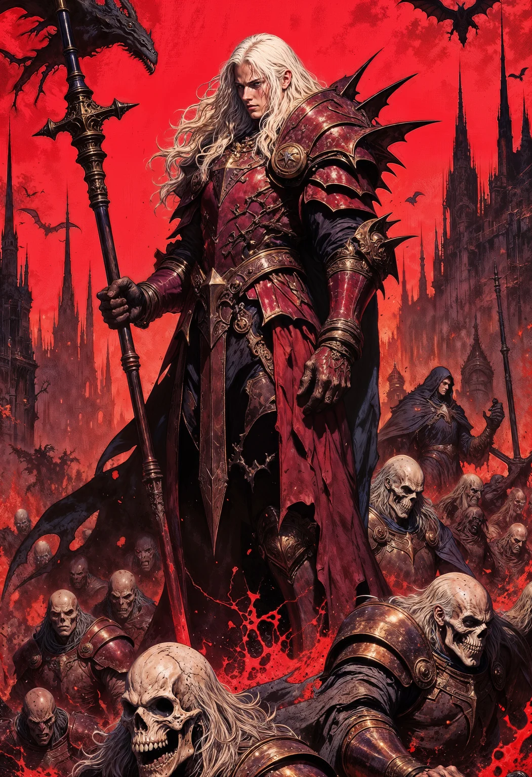 a central figure in elaborate, dark red armor with sharp, angular designs, standing confidently amidst a chaotic scene. The character has long, flowing white hair and pale skin, exuding an aura of power and command. Surrounding the figure are skeletal warriors, some wielding weapons, with decayed and weathered appearances, adding to the ominous atmosphere. In the background, a dark, gothic cityscape looms under a blood-red sky, with flying creatures resembling dragons or bats enhancing the eerie setting. The overall composition is dynamic, with a strong contrast between the dark foreground and the vibrant, fiery sky, creating a dramatic and intense visual impact.