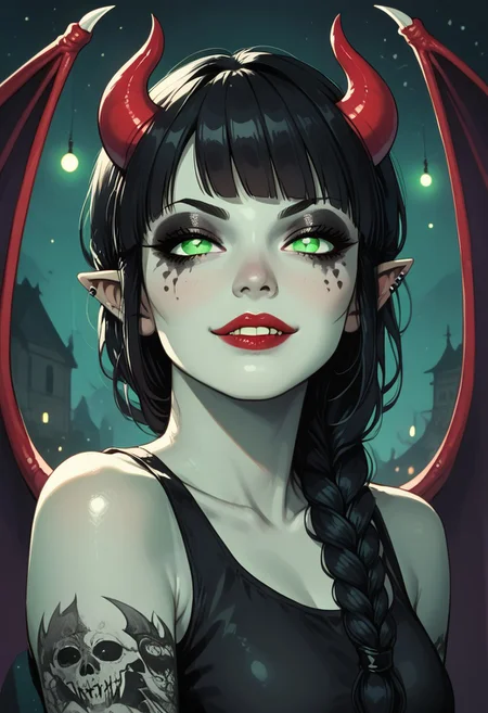 score_9, score_8_up, score_7_up, BREAK, 1woman portrait, beautiful, dramatic lights ((Succubus, Demon Girl, Succub, horns, seductive, seductive look, goth, goth girl, goth makeup, green eyes, wings, bat wings grey skin, grey colored skin, black hair, long braided ponytail, bangs, side bangs, happy, smug))