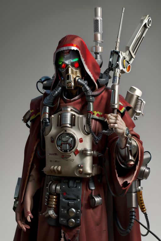 ((masterpiece,best quality)), absurdres, mechanical arms, robes, hood, ((techpriest)), cyborg, mechanical face, (cyber_tech ) mechanical limbs, gas mask, red robe, 1other, solo,