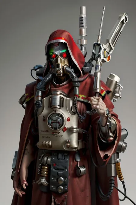 ((masterpiece,best quality)), absurdres, mechanical arms, robes, hood, ((techpriest)), cyborg, mechanical face, (cyber_tech ) mechanical limbs, gas mask, red robe, 1other, solo,