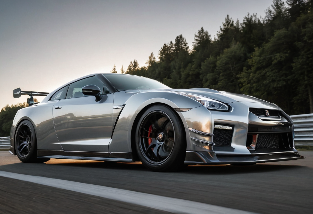 nissan GTR, chrome,cinematic shot, racing, ziprealism