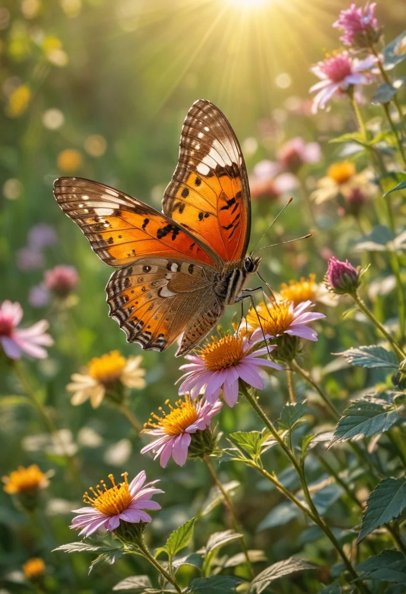 Photography The photo captures a brightly colored butterfly, like a living painting, in a sun-drenched summer field. The butterfly alights delicately on a wildflower, spreading its wings adorned with intricate patterns and shimmering shades. Every detail of its wings, from the fine lines to the colorful spots, is captured with remarkable clarity, revealing the breathtaking beauty of nature. The surrounding flowers, with their delicate petals and vibrant shades of color, provide an enchanting backdrop to this summer scene. The golden light of the sun creates plays of light and shadow, highlighting the grace and fragility of the butterfly. Through the photo, we feel the heat of summer, the buzz of insects and the teeming life of nature in full bloom. It's a magical moment frozen in time, a celebration of the ephemeral beauty of summer and the life that inhabits it. 8K, canon 5D, 50mm lens, 1.2, very detailed, realistic rendering, full body, natural lighting, photography (very detailed skin: 1.5), no defects, the overall composition is majestic, hands and fingers perfect, very beautiful realistic photo