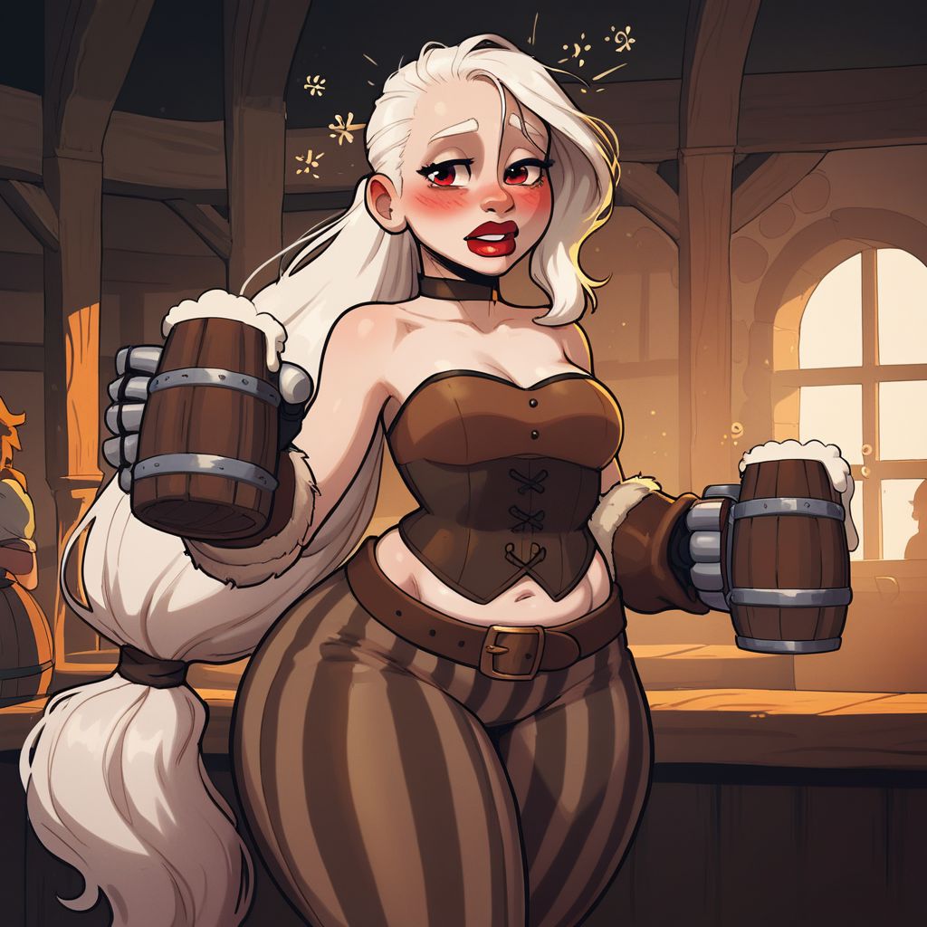 score_9, score_8_up, score_7_up, 1girl, dwarf, shortstack, white hair, albino, very long hair, low ponytail, loose ponytail, (sidelocks), thick thighs and wide hips, very fat, medium breasts, collarbone, red eyes, eye shadow, eye liner, (detailed eyes), (detailed hands), red lipstick, (detailed mouth), toned female, huge hips, in a tavern, dim lighting, light brown and grey vertically striped cloth pants, brown leather belt, brown leather overbust corset, metal gauntlets, simple choker, brown sea boots, exposed midriff, huge ass, holding a mug, drunk, blushing, dynamic pose, cowboy shot, <lora:add-detail-xl:1>