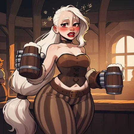 score_9, score_8_up, score_7_up, 1girl, dwarf, shortstack, white hair, albino, very long hair, low ponytail, loose ponytail, (sidelocks), thick thighs and wide hips, very fat, medium breasts, collarbone, red eyes, eye shadow, eye liner, (detailed eyes), (detailed hands), red lipstick, (detailed mouth), toned female, huge hips, in a tavern, dim lighting, light brown and grey vertically striped cloth pants, brown leather belt, brown leather overbust corset, metal gauntlets, simple choker, brown sea boots, exposed midriff, huge ass, holding a mug, drunk, blushing, dynamic pose, cowboy shot, <lora:add-detail-xl:1>