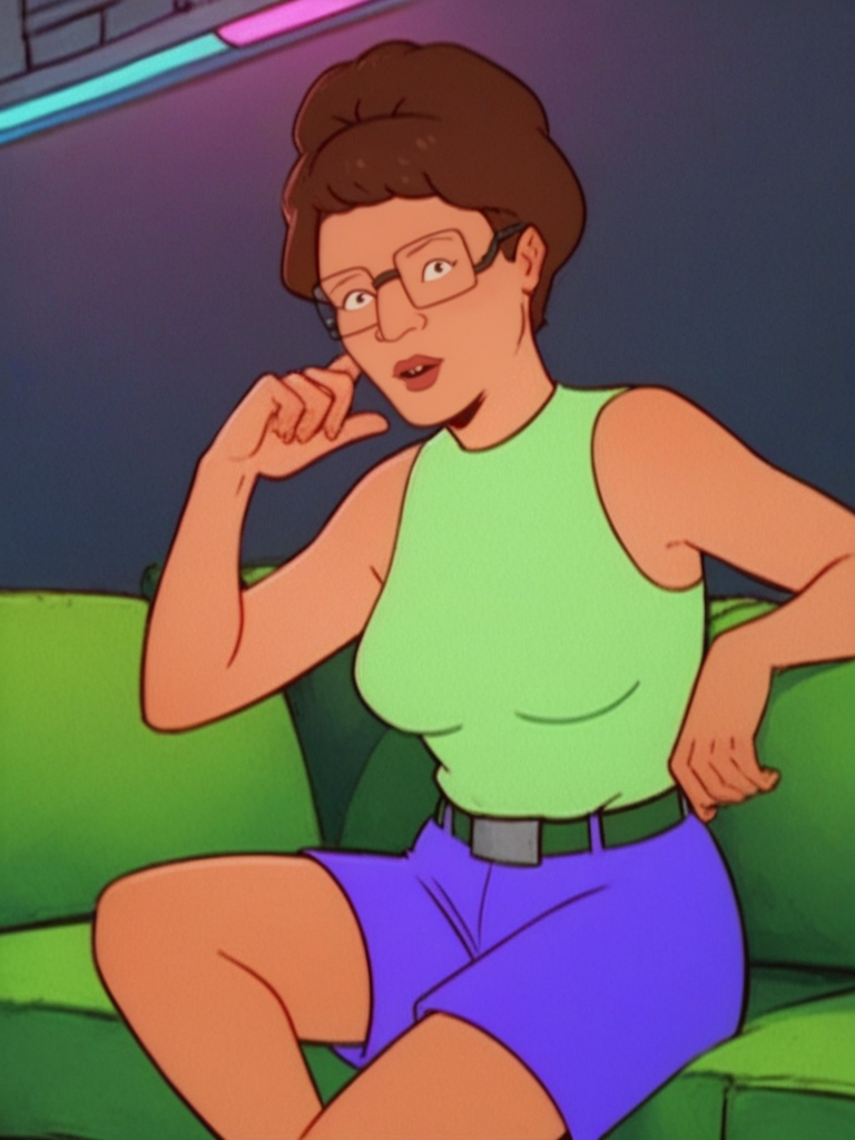 score_9, score_8_up, score_7_up, score_6_up, 1girl, p_hill, seductive pose, glasses, brown hair, green shirt, sleeveless shirt, belt, purple shorts, siting on couch, looking at viewer, futuristic rgb lighting, dark futuristic lighting, <lora:Peggy_Hill_LoRA_Pony:0.9>
