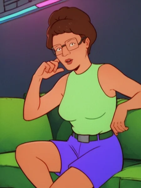 score_9, score_8_up, score_7_up, score_6_up, 1girl, p_hill, seductive pose, glasses, brown hair, green shirt, sleeveless shirt, belt, purple shorts, siting on couch, looking at viewer, futuristic rgb lighting, dark futuristic lighting, <lora:Peggy_Hill_LoRA_Pony:0.9>