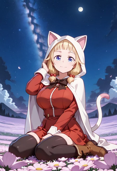 medium depth of field, rule of thirds, masterpiece-level, clean lines, sharp, focused subject, minimalistic composition, masterpiece, amazing quality, best quality, anime screencap, detailed face, detailed eyes, detailed outfit, face focus, best quality hands,
general,highres, ultra-detailed,very aesthetic,best quality ,best hands, perfect anatomy,detailed,
BREAK 1girl, solo, Nene Sakura,blonde_hair, hair bubbles, middle hair, blue_eyes,
Devout_cos,cat hood,bow,long sleeves,red dress,cape,skirt,thighhighs,boots,tail,
from front, from front, cowboy shot,
wariza, hand in own hair, happy, light smile, looking at viewer,
Flower Field, moon,
outdoors, night sky, strarry sky, milky way, scenery,