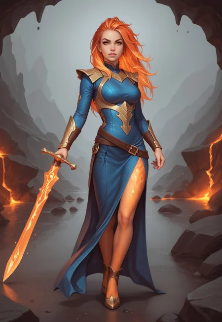 safe_pos, core_9, score_8_up, score_8, semi realistic, ultra detailed, 8k, high quality, hi res, high quality, detailed eyes, perfecteyes, detailed face, 1girl, sharp focus, cowboy-shot, focus on hip, (1girl:1.2), fire elemental, fiery form, (((flaming sword))), (((long legs, glowing ember skin, long flowing lava hair))), realistic, cinematic angle, cinematic lighting, ethereal body, intense face, burning orange eyes, dynamic pose
BREAK
rising from a volcanic crater at sunset
BREAK
source_fantasy_art, rating_explicit, expressive, full body, ((side view)), (((dynamic pose)))
BREAK
detailed beautiful background, molten lava, billowing smoke, glowing embers, rugged volcanic rocks, dramatic sunset, fiery atmosphere
(((full clothed)))