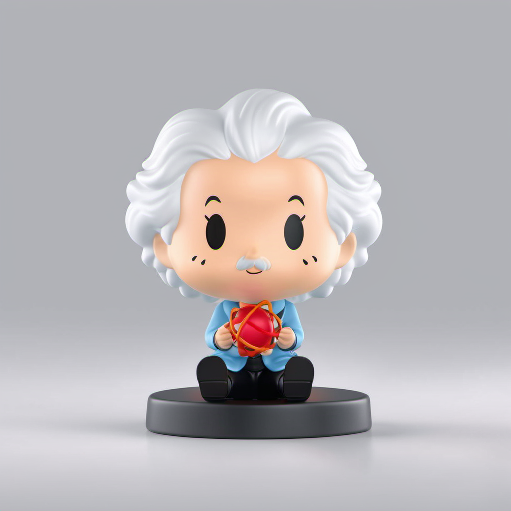 blind box style of Einstein sitting on the base,holding a atom,simple background, chibi, solo,(big head:1.2),small body,octane render, highly detailed, volumetric, dramatic lighting,pop,<lora:pop:0.9>