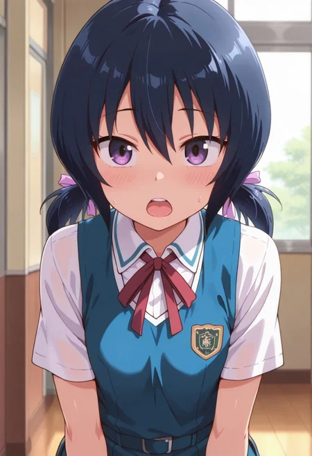 masterpiece,best quality,amazing quality, funabori, dark blue hair, purple eyes, twintails, 1girl, solo, school uniform, open mouth, ribbon