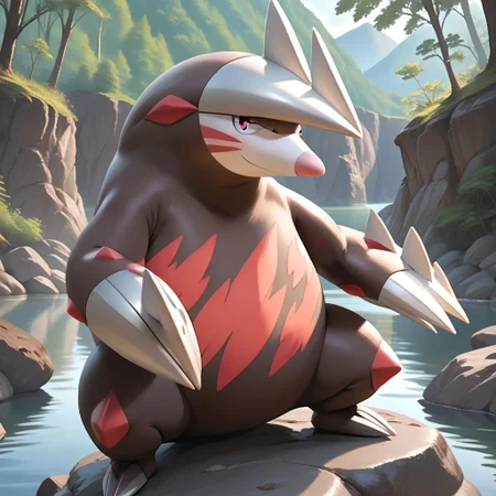 score_9, score_8_up, score_8, score_7, source_anime, Excadrill, Solo, semi-anthro, mole, pokemon (creature), brown body, red body markings, black eyes, pink nose, single horn, claws, full body, looking at viewer, smiling, sitting on rock, lake, forest background