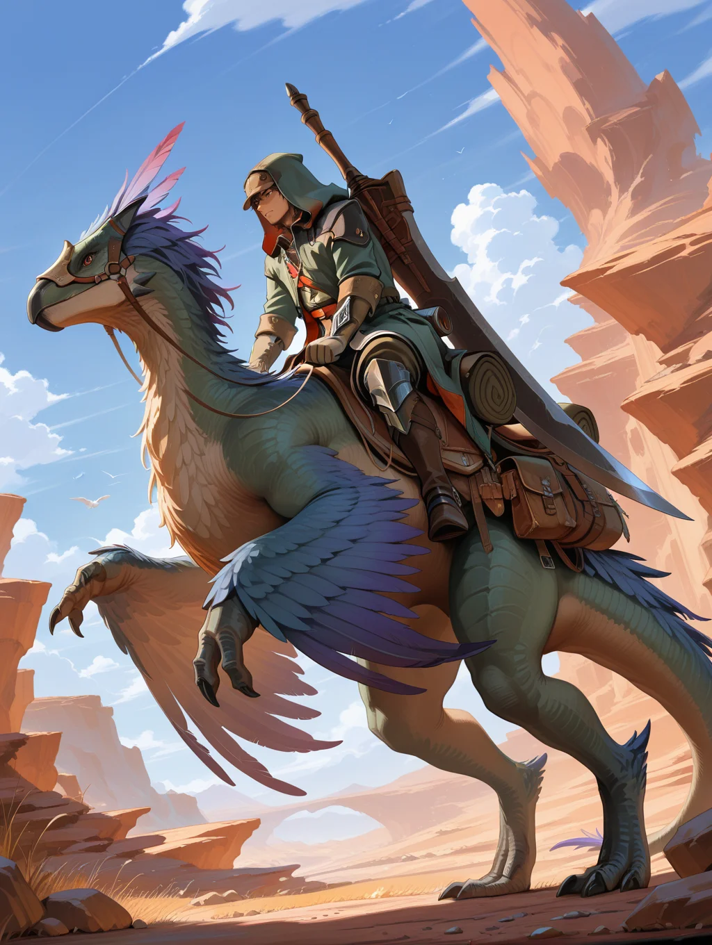 hope male armor,huge sword,1boy,male focus,riding,brown hair,solo,rock,day,outdoors,blue sky,bag,feathers,weapon on back,cloud,saddle,1other,seikret,green coat,green hood,brown cap,brown knee boots,white pants,white shirt,red belt,brown pouch,white gloves,winged arms,dinosaurs,standing,
masterpiece,best quality,amazing quality,very aesthetic,absurdres,newest,<lora:MHWilds hope armor illuXL v1:0.8>,