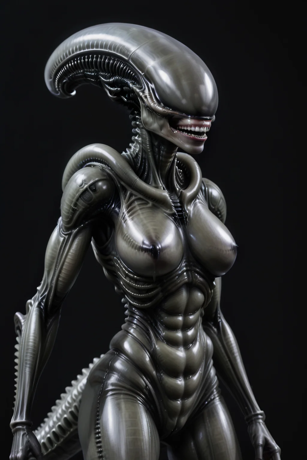 female xenomorph, dark background <lora:female_xenomorph_xenowaifu_sdxl:0.8> lips, teeth, laughing, nipples