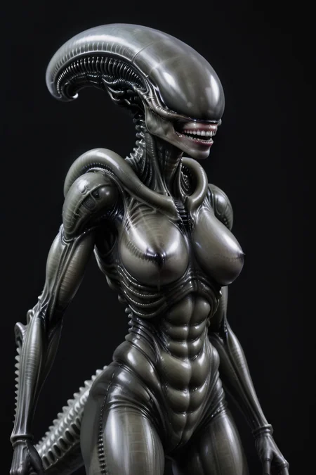female xenomorph, dark background <lora:female_xenomorph_xenowaifu_sdxl:0.8> lips, teeth, laughing, nipples