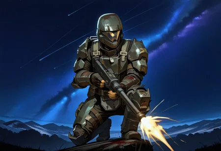 lazypos. 1boy, ODST_Armor, armor, fingerless gloves, helmet. (((medium brown skin tone))). Dog tags necklace. grenades on belt. cuts, damaged armor, blood, BattleDamage. there is purple blood splattered on 1boy's armor.. ((aiming a vkrsmmg medium machine gun weapon)). muzzle flash. He is crouching down on one knee. He is crouching behind a rock. He is looking in the same direction that he is aiming. his helmet visor is blue. He is aiming over the rock.
(hlrng, horizon, starry sky,
mountainous horizon, scenery,
dark, darkness, night, night sky, starry sky, star \(sky\), nebula, galaxy) sketch.