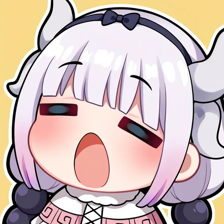 <lora:EmoteStyleSDXL:1>, best quality, masterpiece, emote, chibi, kanna kamui, open mouth, :O, big mouth, closed eyes, blush, upper body,