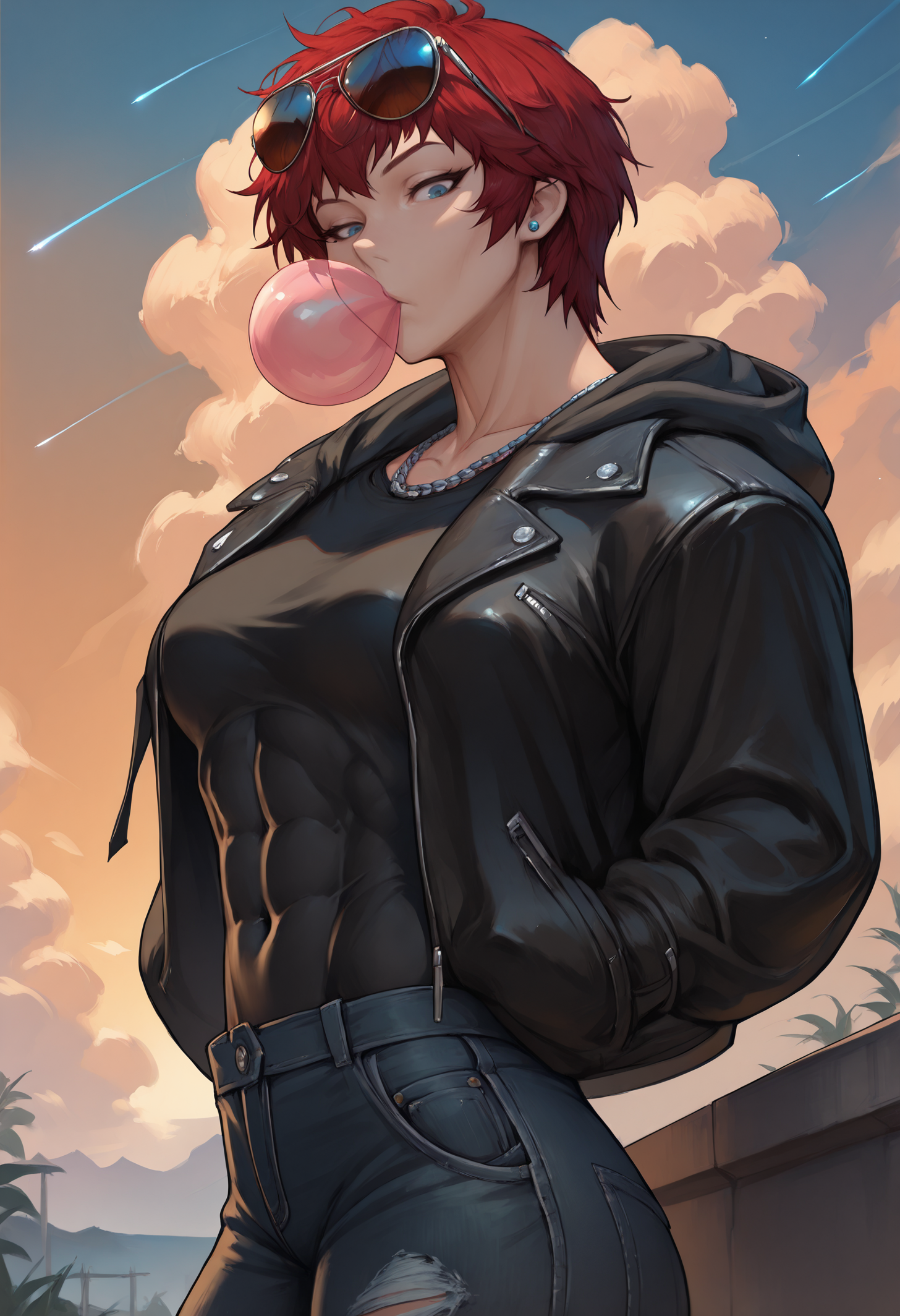 masterpiece, best quality,mmixmorg, <lora:MorgyMixStyle-illustXL_V1-Manityro-CAME:1>,
akmktb, tomboy, short hair, red hair, blue eyes, stud earrings, jewelry, black hoodie, cropped hoodie, denim jeans, torn jeans, looking at viewer, looking down, abs,
toned, aviator sunglasses, eyewear on head, silver chain necklace, collarbone, black jacket, leather jacket, black t-shirt, denim jeans, covered abs, covered navel, looking at viewer, bedroom eyes, hands in pockets, leaning, from side, bubblegum, chewing gum, hand in hair, outdoors, sunset, cloud, abstract background, reflection, shooting star, landscape
<lora:akwmk_idxl_EliPot:1>