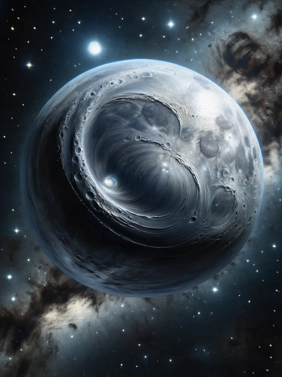ais-steelz moon, in space, distant nebula <lora:Brushed_Steel_Style_SDXL:1>