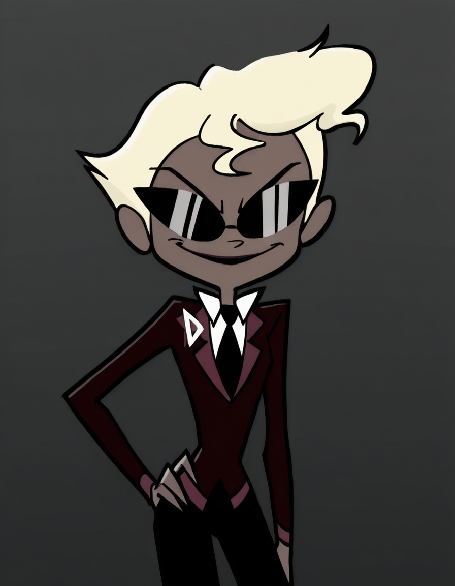<lora:Agent2Illustrious1.0JLFO:1> agent2, 1girl, solo, blonde hair, suit, formal, sunglasses, necktie, short hair, female focus, black necktie, smile, dark skin, long sleeves, pants, looking at viewer, hand on own hip, cowboy shot,simple background,