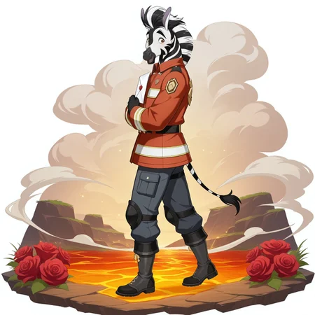 1 male, solo, Thurston, zebra male, light blush, gentle smile, genshinsplash, white background, smoke at background, lava particles, splash art, red hearts, holding a letter close to chest, smiling, firefighter uniform, black boots, genshin impact pyro vision, full body, looking at the sky,dry roses around him, full body, BREAK, high quality, best quality, newest, furry male, side view , looking at viewer