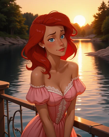 wide shot, looking at viewer, outdoors daylight, 20 year old woman, Lonely with downcast eyes, slouched posture, and a deep, quiet sigh.
<lora:Disney_-_Ariel_v2-000030:1> d-ariel a 20 year old adult woman with blue eyes and red hair.
a vibrant young woman with voluminous red hair brushed to one side, wearing a soft pink princess gown with puffed sleeves, white accents, and a flared layered skirt, small pearl earrings,
A woman leans over the railing of a bridge that crosses a serene stream, dipping her fingers into the cool water while gazing at the sunset's reflection on the rippling surface.