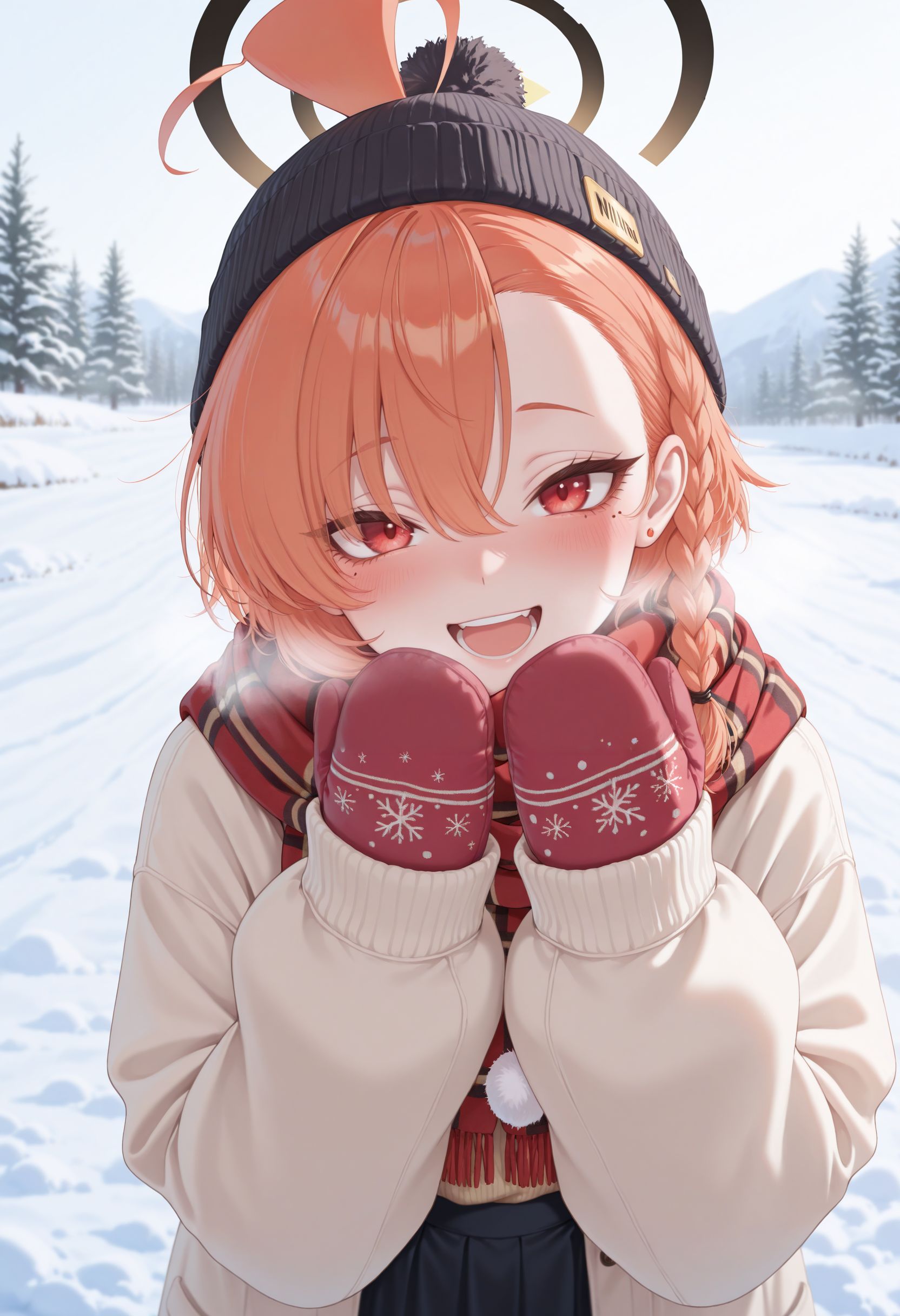 masterpiece, best quality, newest, very awa, looking at viewer,
 <lora:Neru illu:1> 1girl, halo, mole under eye, red eyes, orange hair, single braid, ahoge, short hair, huge ahoge, asymmetrical bangs,
winter, snowfield, sweater, long skirt, outdoors, scarf, winter, smile, blush, upper body, abstract background, beanie, portrait, alternate costume, white background, looking at viewer, smile, mittens, blush, scarf, heavy breathing, open mouth, hat, winter clothes, pom pom \(clothes\)