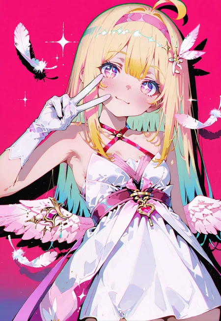 Standing,bust shot,face focus,serene smile, peace sign

1 girl,petite,(waist length hair:1.2), straight hair,blonde hair, (vibrant pink accents hair:1.1),fair skin,pink eyes, sparkling eyes,ahoge,small wings on hips,floating feathers,

Sleeveless white dress with pink accents,white long glove,head band, feathers hair ornament, feathers design

(Flat colors:1.3),Flat background,Bright red color background with (shadow:1.2), glimmer Features sparkling effects, (anaglyph refraction:1.5),subtle (red hue:0.8)

Cunnystyle,748cmstyle,masterpiece,best quality,amazing quality, aesthetic,(vibrant colors:1.7),(bold lines:1.3),(saturated:1.6),