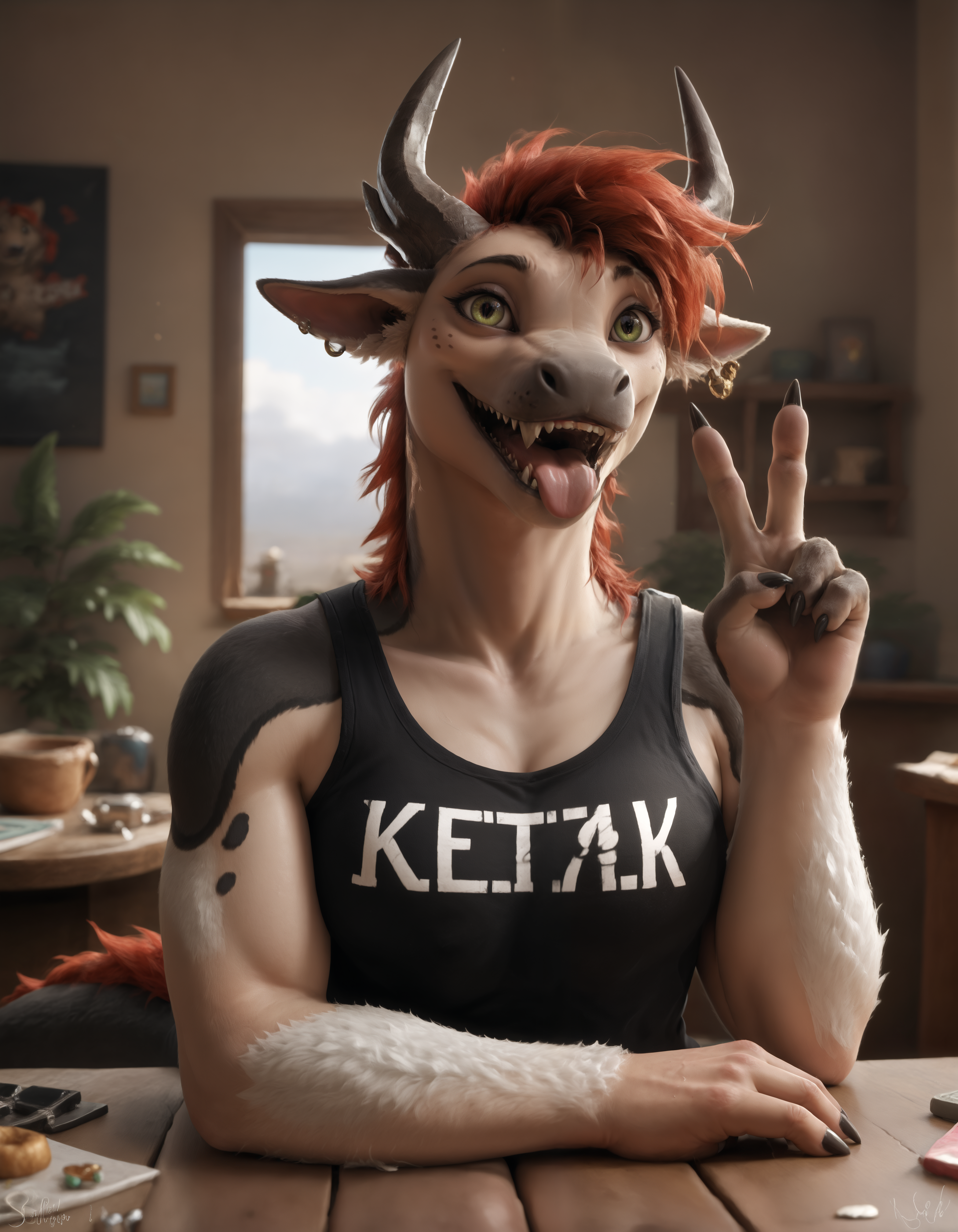score_9, score_8_up, score_7_up, BREAK (anthro, furry:1.1), depth of field, cinematic lighting, masterpiece, detailed teeth, detailed hands, best quality, ultra realistic, 4k, 2k, film photography, RAW photo, photorealistic, analog style, subsurface scattering, photorealism, embedding:unaestheticXL_bp5, embedding:zPDXL,(best quality, high quality, 8K:1.5), <lora:add-detail-xl:2.5>, <lora:fix_hands.safetensors:2.0>, <lora:2.5DRealisticV2.safetensors:0.20>, <lora:sinfully_stylish_SDXL.safetensors:0.6>, <lora:AdvancedEnhancerXLv2.safetensors:1.0>, (hi res), ((masterpiece)), ((best quality)), illustration, furry, (sfw:1.4), <lora:Kerr-000018.safetensors:0.7>, dragon, furred dragon, furred scalie, mythological creature, mythological scalie, green eyes, scalie, anthro, fur, horns, gynomorph, red hair, looking at viewer, open mouth, smile, tongue, tongue out, (solo:1.2), (black printless tank top shirt:1.2), scalie body, detailed teeth, (face close up:1.25), (v sign:1.15),